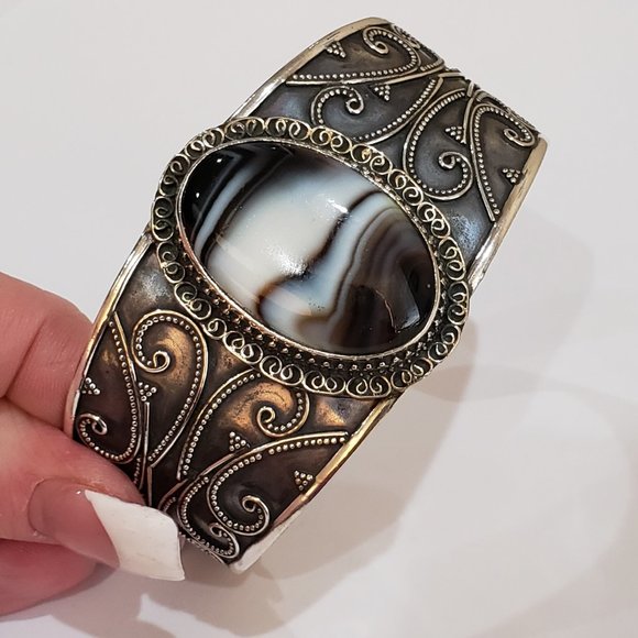 Hand Crafted Jewelry - Agate bracelet, 925 silver banded agate gemstone cuff bangle bracelet